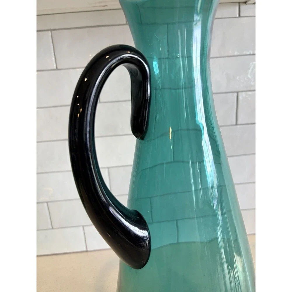 Mid Century Modern Blenko W. Anderson Sea Green Pitcher W/ Black Handle